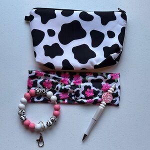 Cow Print Accessory Set with Pink Accents